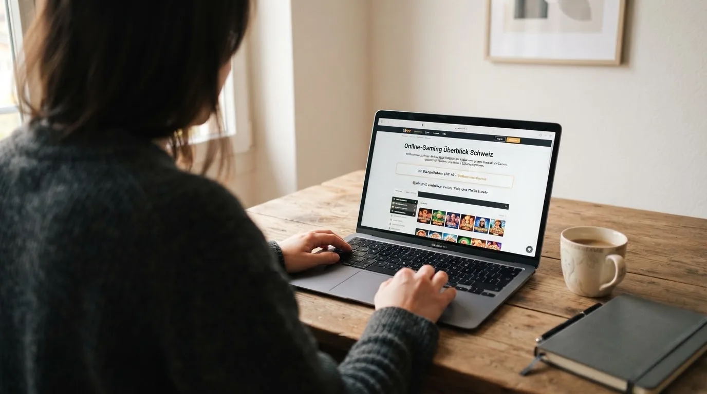 Person am Laptop liest eine Übersichtsseite zu Geldspielen im Internet — 10 franken bonus ohne einzahlung casino