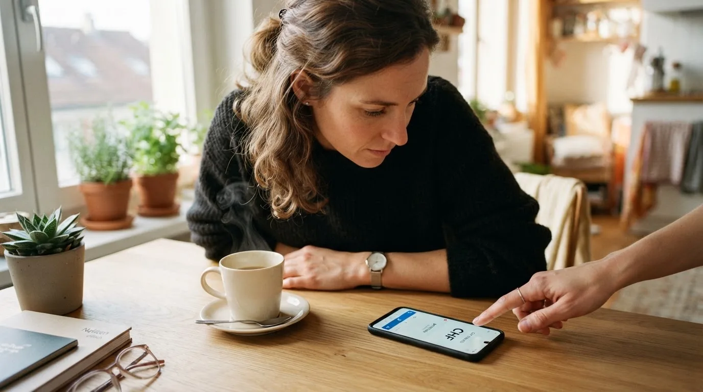 Frau tippt konzentriert auf ihrem Smartphone an einem Küchentisch, eine Tasse Kaffee steht griffbereit daneben.