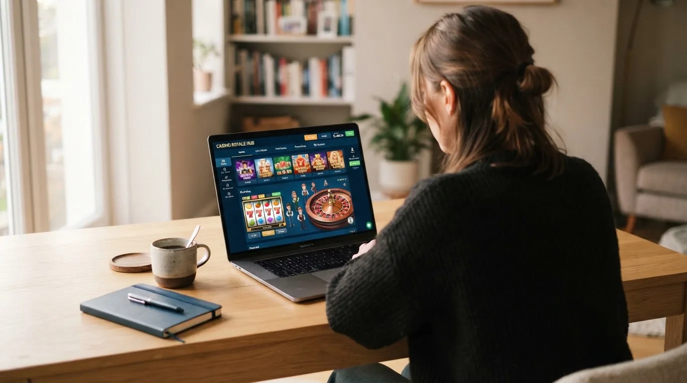 Person am Laptop liest eine Übersichtsseite zu Geldspielen im Internet — 15 franken bonus ohne einzahlung casino