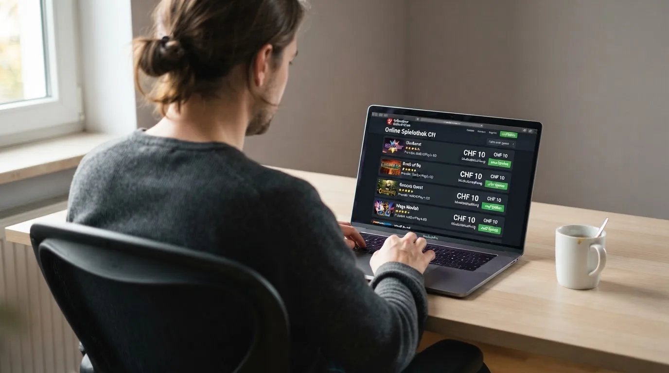 Person am Laptop liest eine Übersichtsseite zu Geldspielen im Internet — 150 freispiele ohne einzahlung