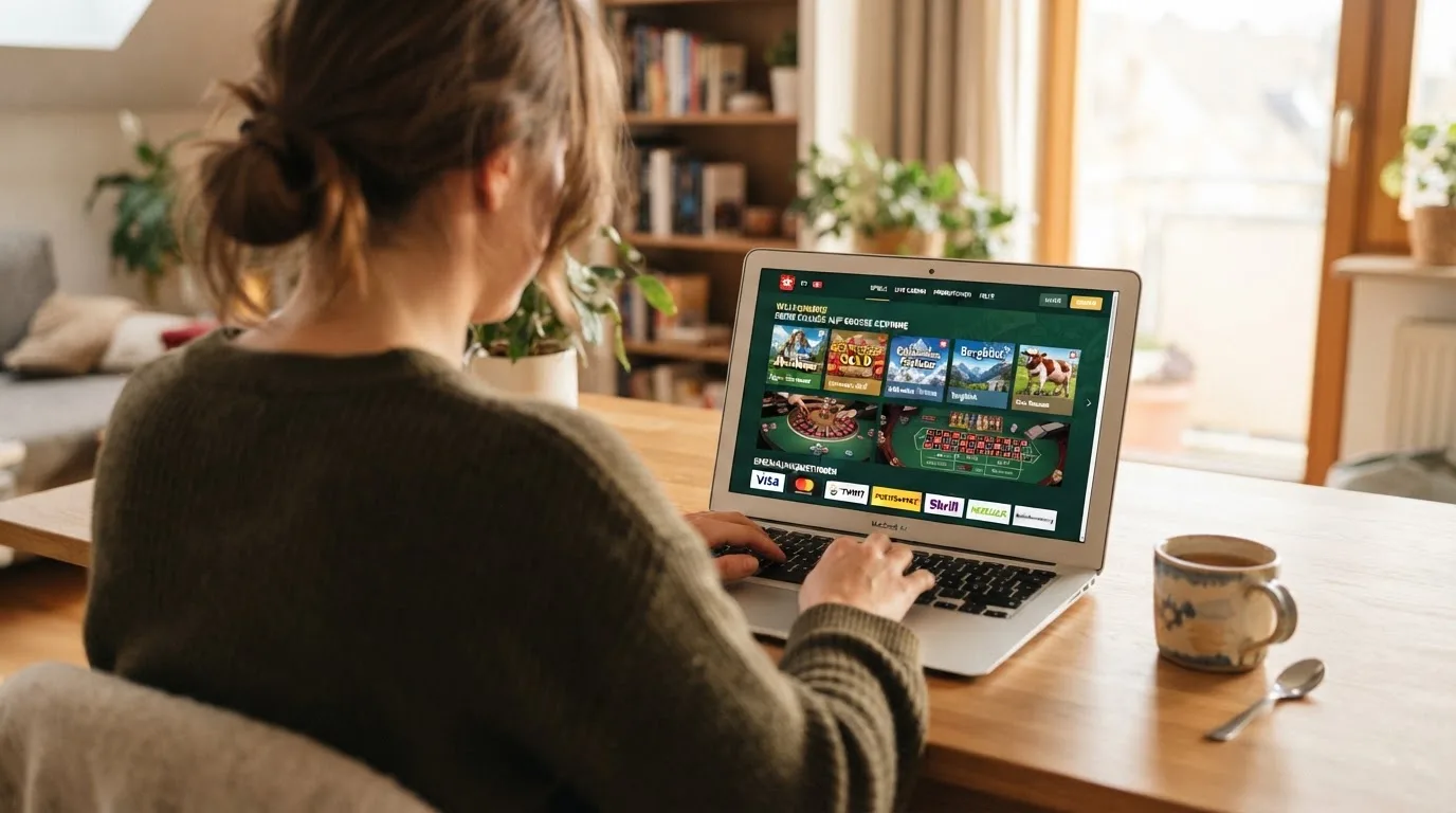 Person am Laptop liest eine Übersichtsseite zu Geldspielen im Internet — 20 franken bonus ohne einzahlung casino