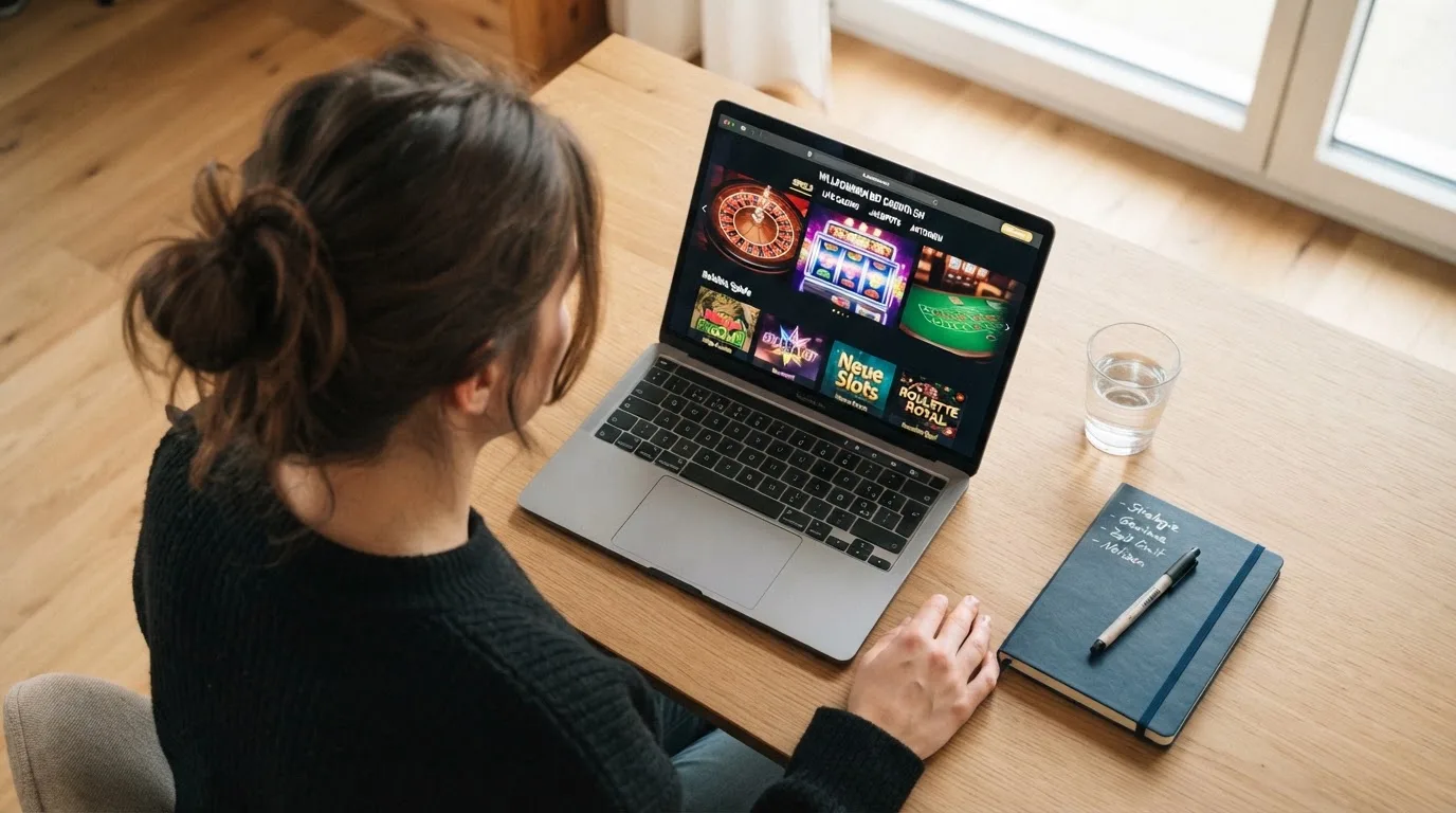 Person am Laptop liest eine Übersichtsseite zu Geldspielen im Internet — 20 freispiele ohne einzahlung