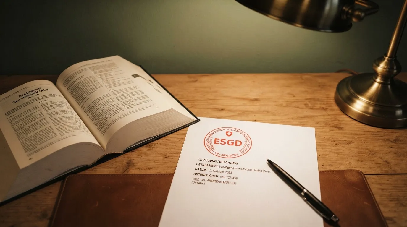 Amtliches Schreiben mit Stempel auf einem Schreibtisch neben einem Gesetzbuch — 30 franken bonus ohne einzahlung casino