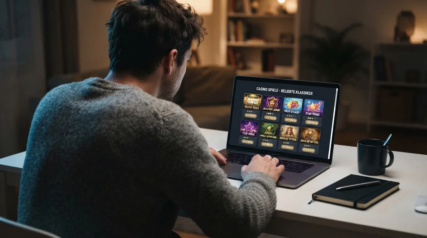 Person am Laptop liest eine Übersichtsseite zu Geldspielen im Internet — 5 franken bonus ohne einzahlung casino