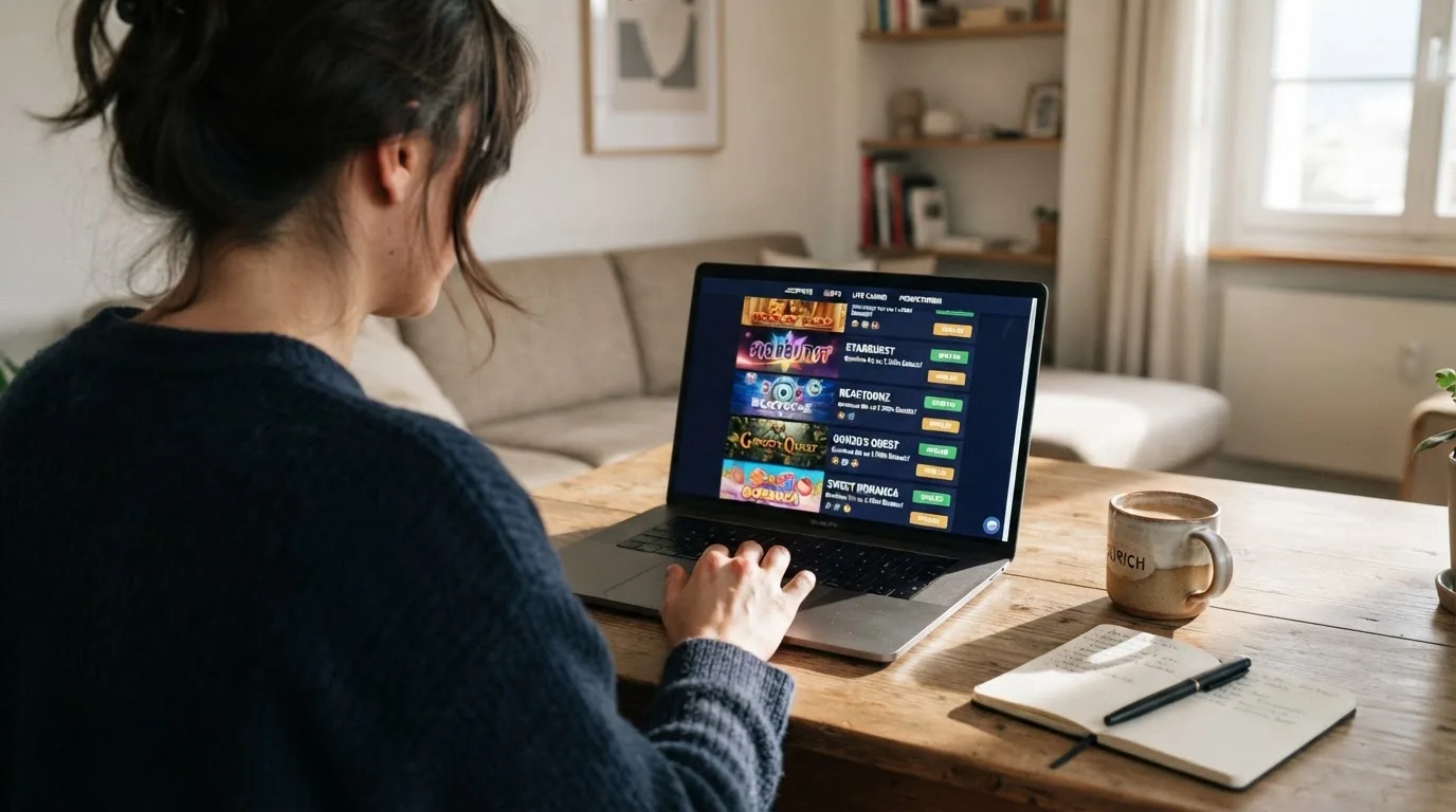Person am Laptop liest eine Übersichtsseite zu Geldspielen im Internet — aviator online casino