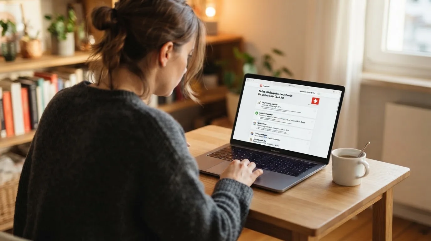 Person am Laptop liest eine Übersichtsseite zu Geldspielen im Internet — best crypto casino schweiz