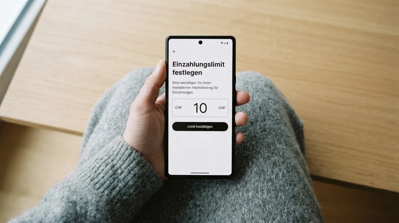 Hand hält ein Smartphone mit einem Formular zur Einzahlungsgrenze, ruhige Stimmung — beste ausländische casinos für schweizer spieler
