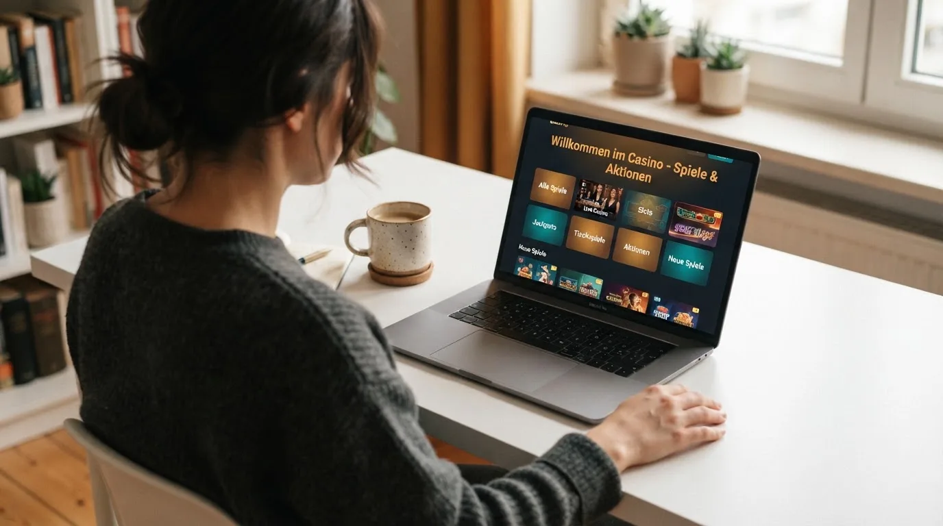 Person am Laptop liest eine Übersichtsseite zu Geldspielen im Internet — beste auszahlungsquote online casino
