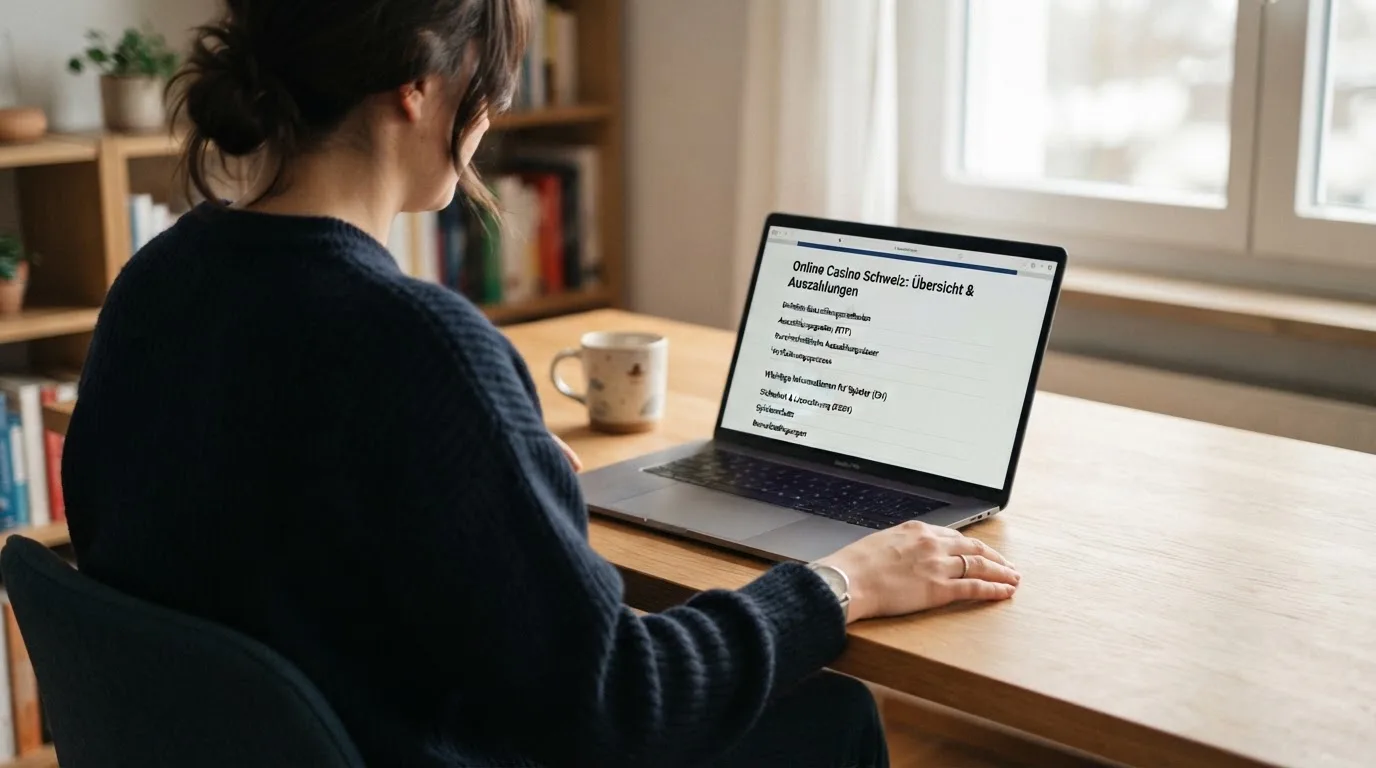 Person am Laptop liest eine Übersichtsseite zu Geldspielen im Internet — beste casino mit schneller auszahlung