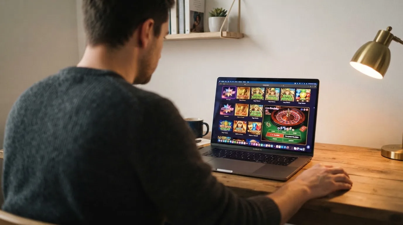 Person am Laptop liest eine Übersichtsseite zu Geldspielen im Internet — beste casino ohne verifizierung auszahlen