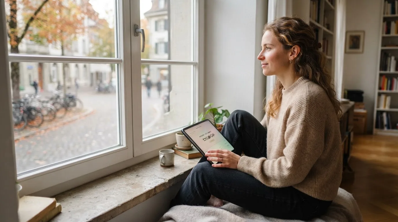 Frau sitzt mit einem Tablet auf einer Fensterbank, Blick nach draussen auf eine ruhige Strasse.