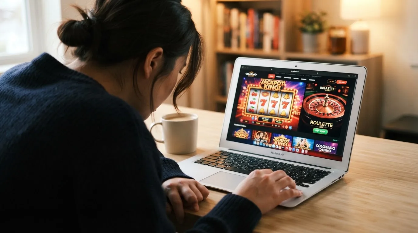 Person am Laptop liest eine Übersichtsseite zu Geldspielen im Internet — beste craps online casinos schweiz