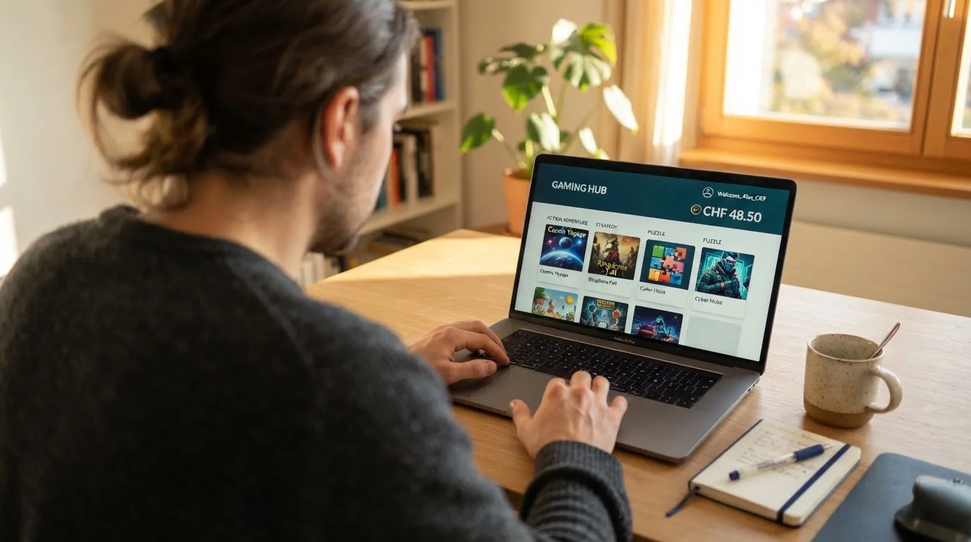 Person am Laptop liest eine Übersichtsseite zu Geldspielen im Internet — beste live baccarat schweiz