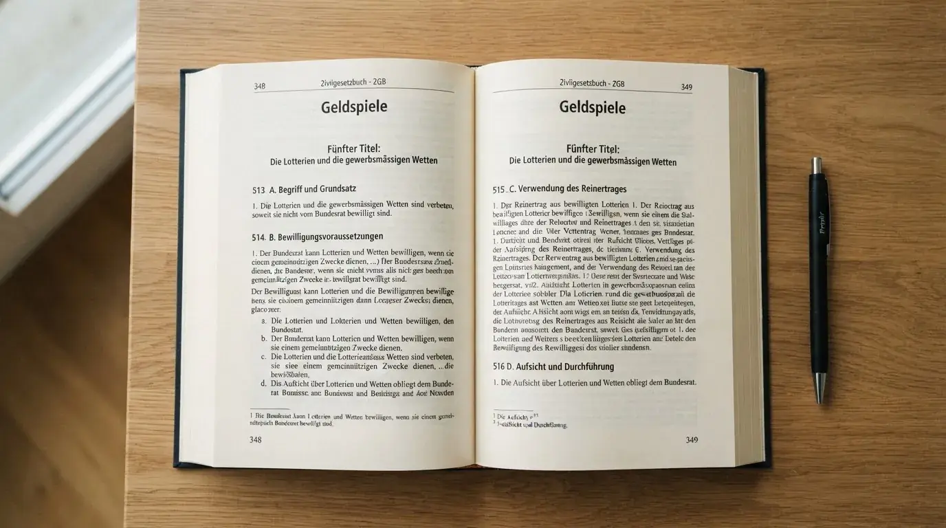 Amtliches Schreiben mit Stempel auf einem Schreibtisch neben einem Gesetzbuch — beste live baccarat schweiz