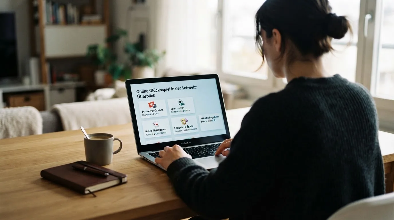Person am Laptop liest eine Übersichtsseite zu Geldspielen im Internet — beste online casino ausland
