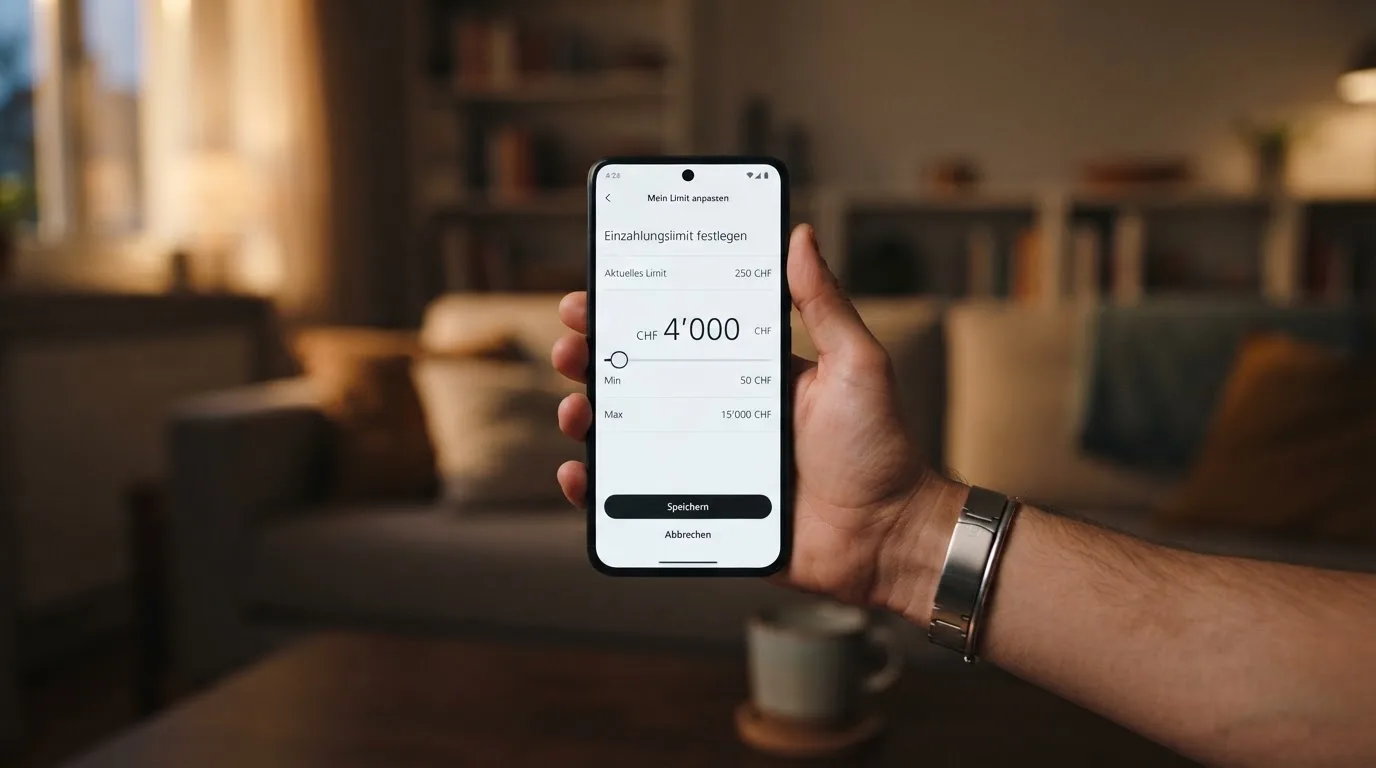 Hand hält ein Smartphone mit einem Formular zur Einzahlungsgrenze, ruhige Stimmung — beste online casino ausland