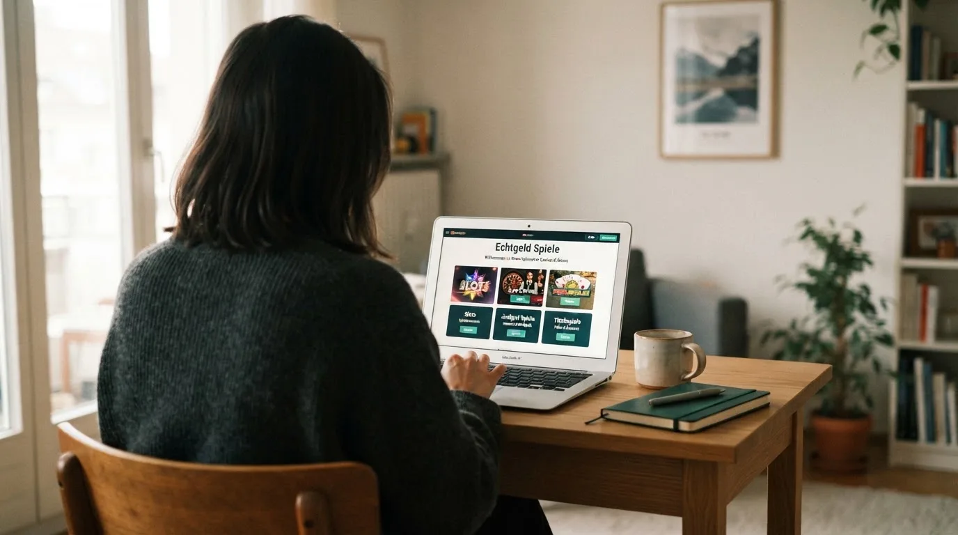 Person am Laptop liest eine Übersichtsseite zu Geldspielen im Internet — beste online casino echtgeld app