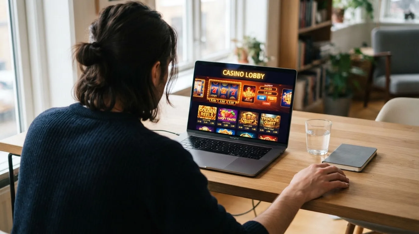Person am Laptop liest eine Übersichtsseite zu Geldspielen im Internet — beste online casino mit apple pay bezahlen