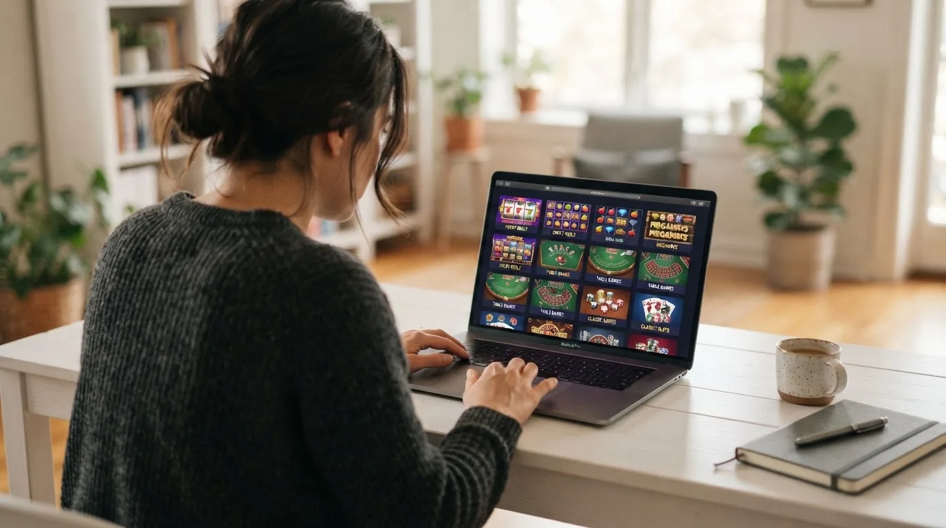 Person am Laptop liest eine Übersichtsseite zu Geldspielen im Internet — beste online casino mit banküberweisung bezahlen