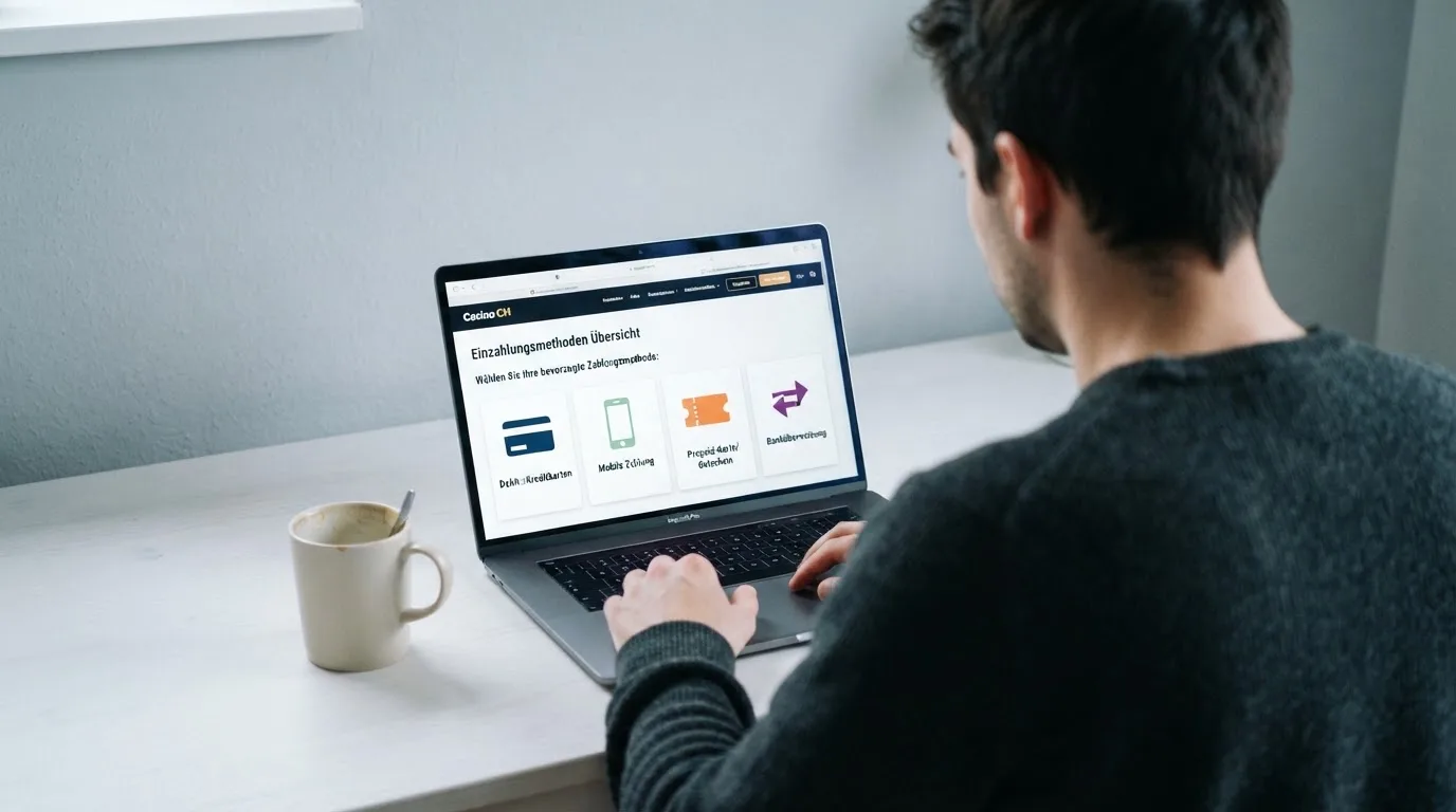 Person am Laptop liest eine Übersichtsseite zu Geldspielen im Internet — beste online casino mit cashtocode bezahlen