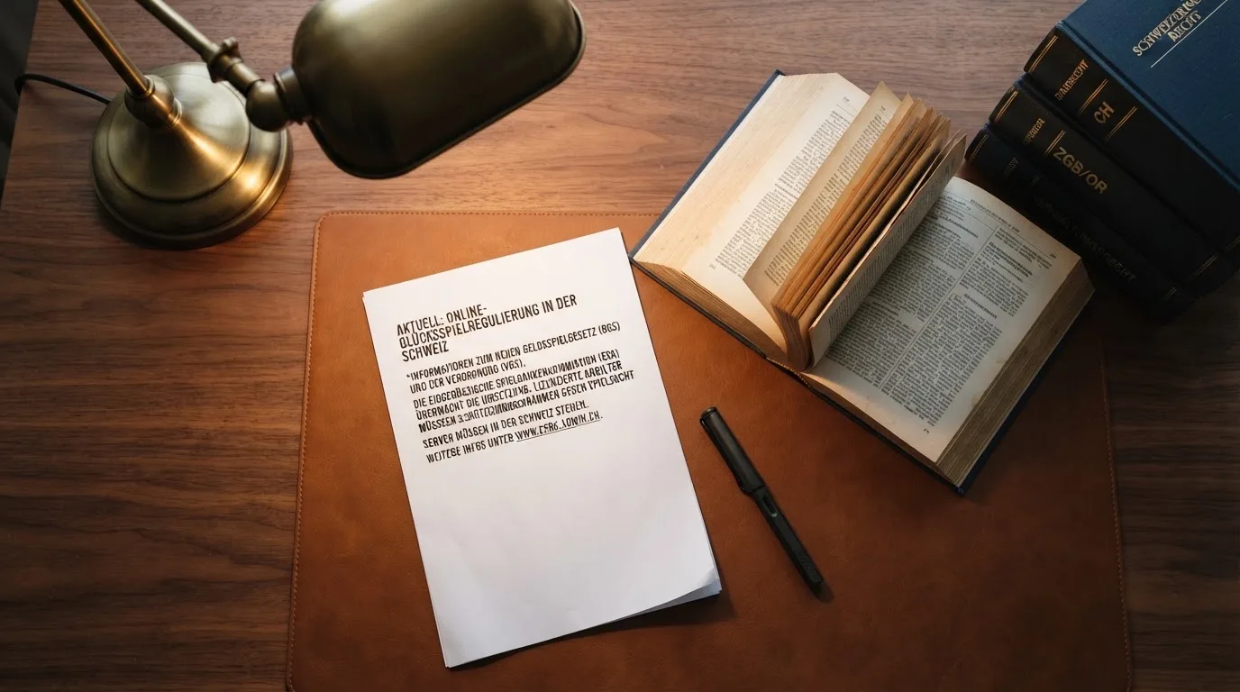 Amtliches Schreiben mit Stempel auf einem Schreibtisch neben einem Gesetzbuch — beste online casino schweiz