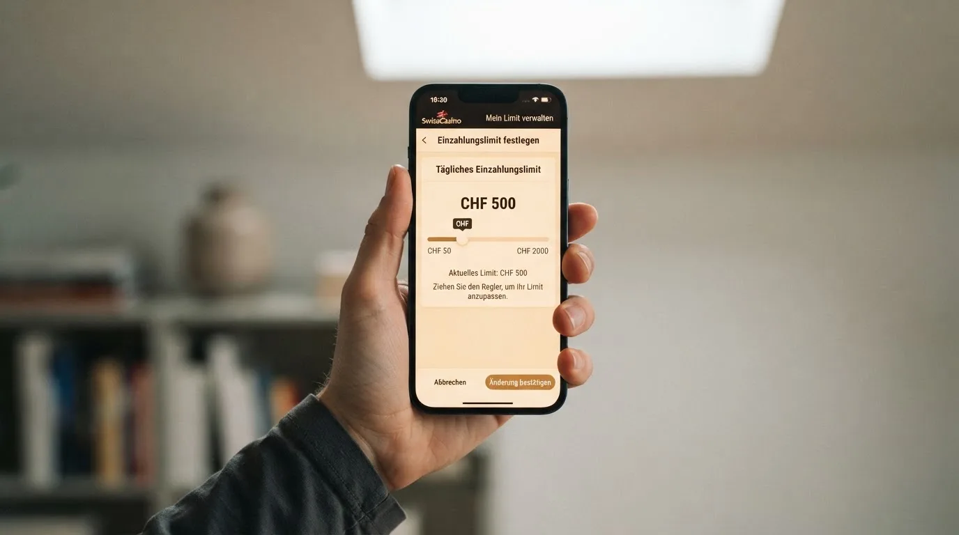 Hand hält ein Smartphone mit einem Formular zur Einzahlungsgrenze, ruhige Stimmung — beste online casino schweiz