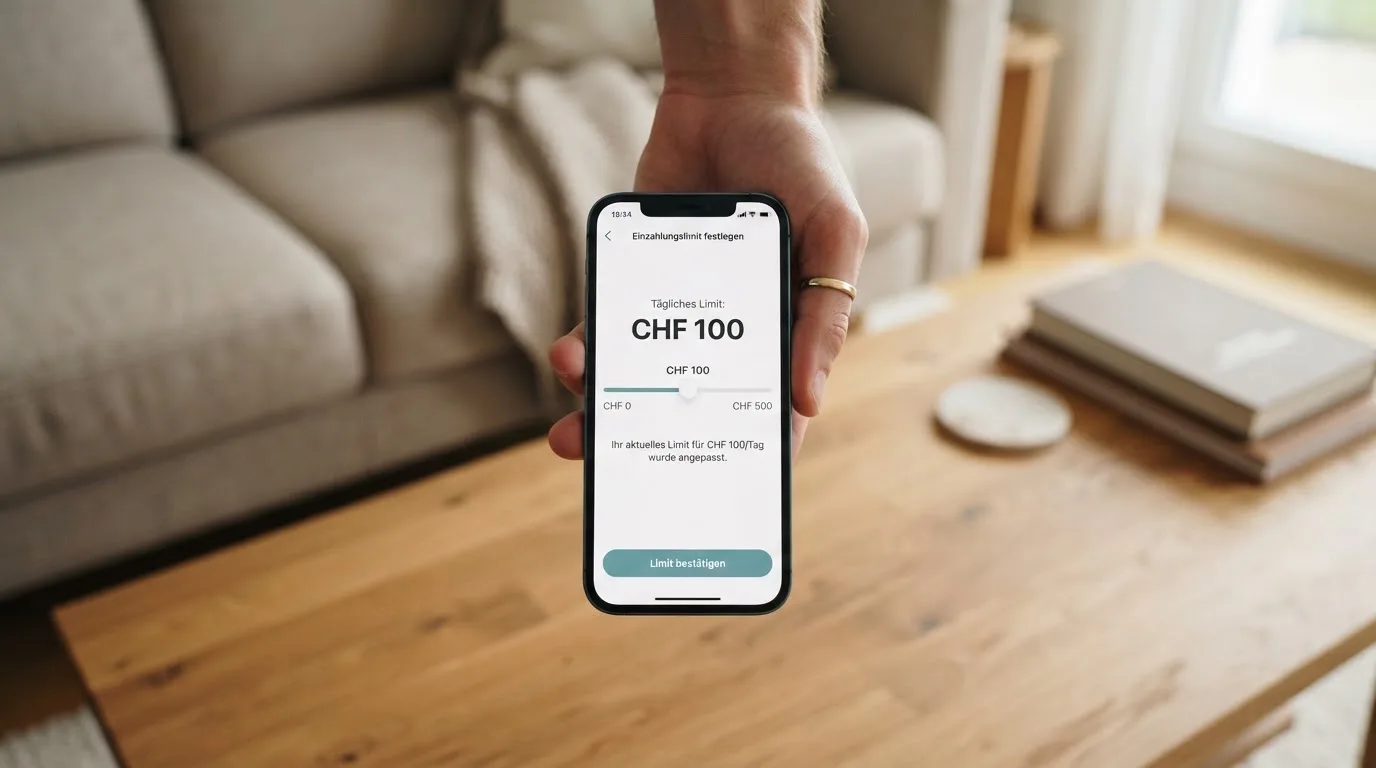 Hand hält ein Smartphone mit einem Formular zur Einzahlungsgrenze, ruhige Stimmung — beste online casinos echtgeld
