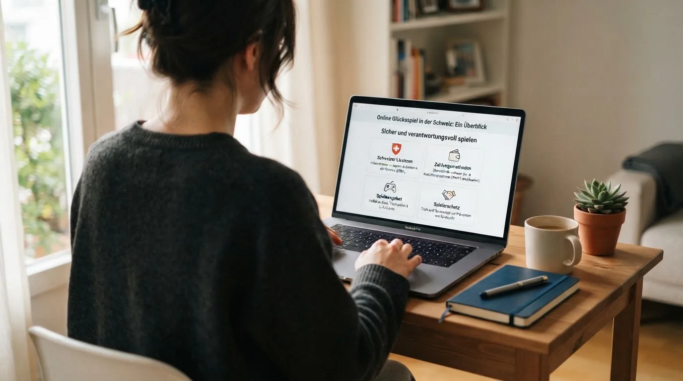 Person am Laptop liest eine Übersichtsseite zu Geldspielen im Internet — beste online casinos schweiz mit no deposit bonus