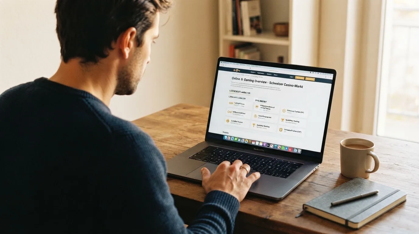 Person am Laptop liest eine Übersichtsseite zu Geldspielen im Internet — bester willkommensbonus online casino
