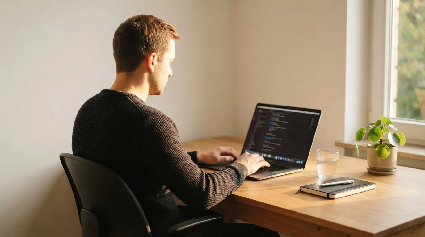 Mann sitzt am Schreibtisch und tippt konzentriert auf seinem Laptop, Sonnenlicht fällt durchs Fenster.