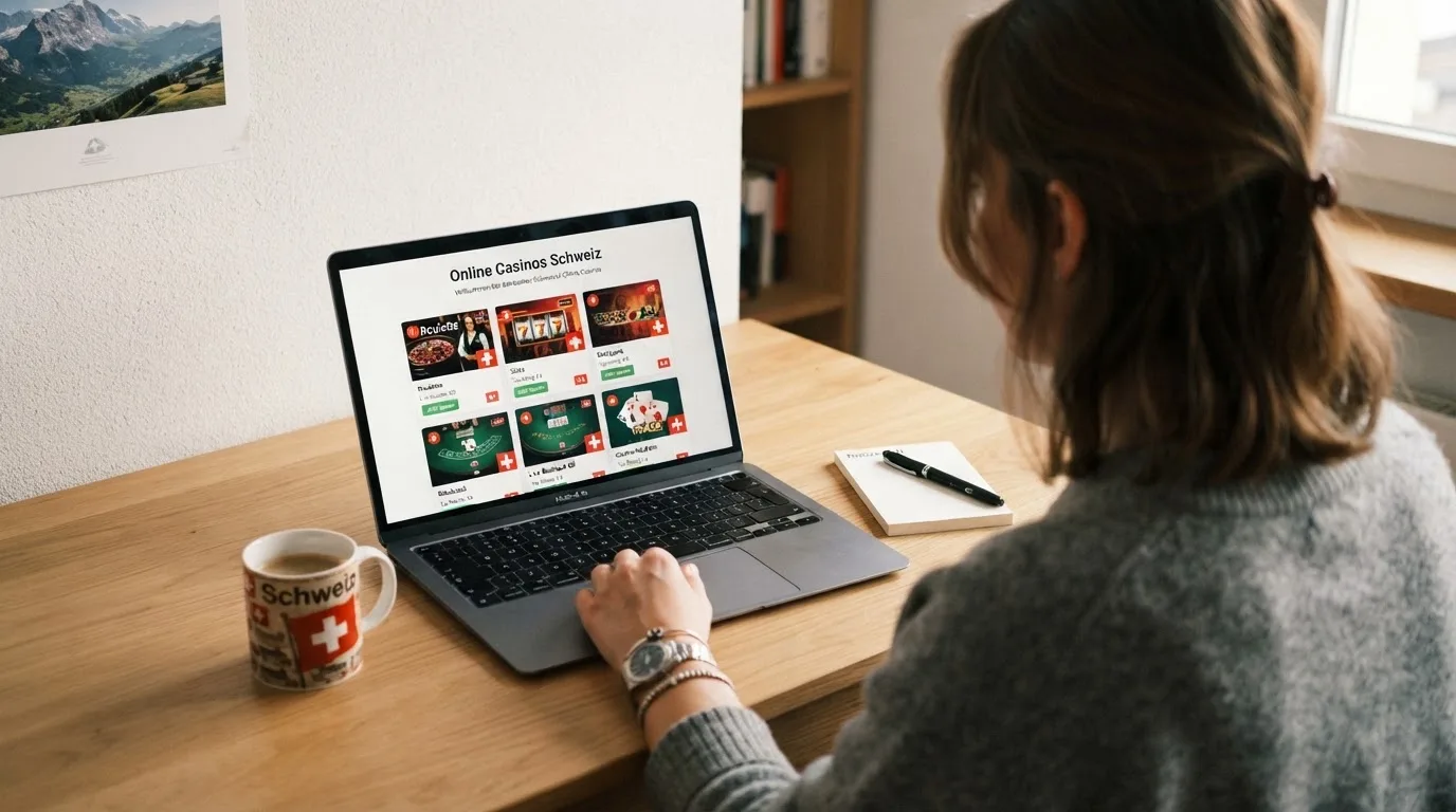 Person am Laptop liest eine Übersichtsseite zu Geldspielen im Internet — binance coin casino vergleich