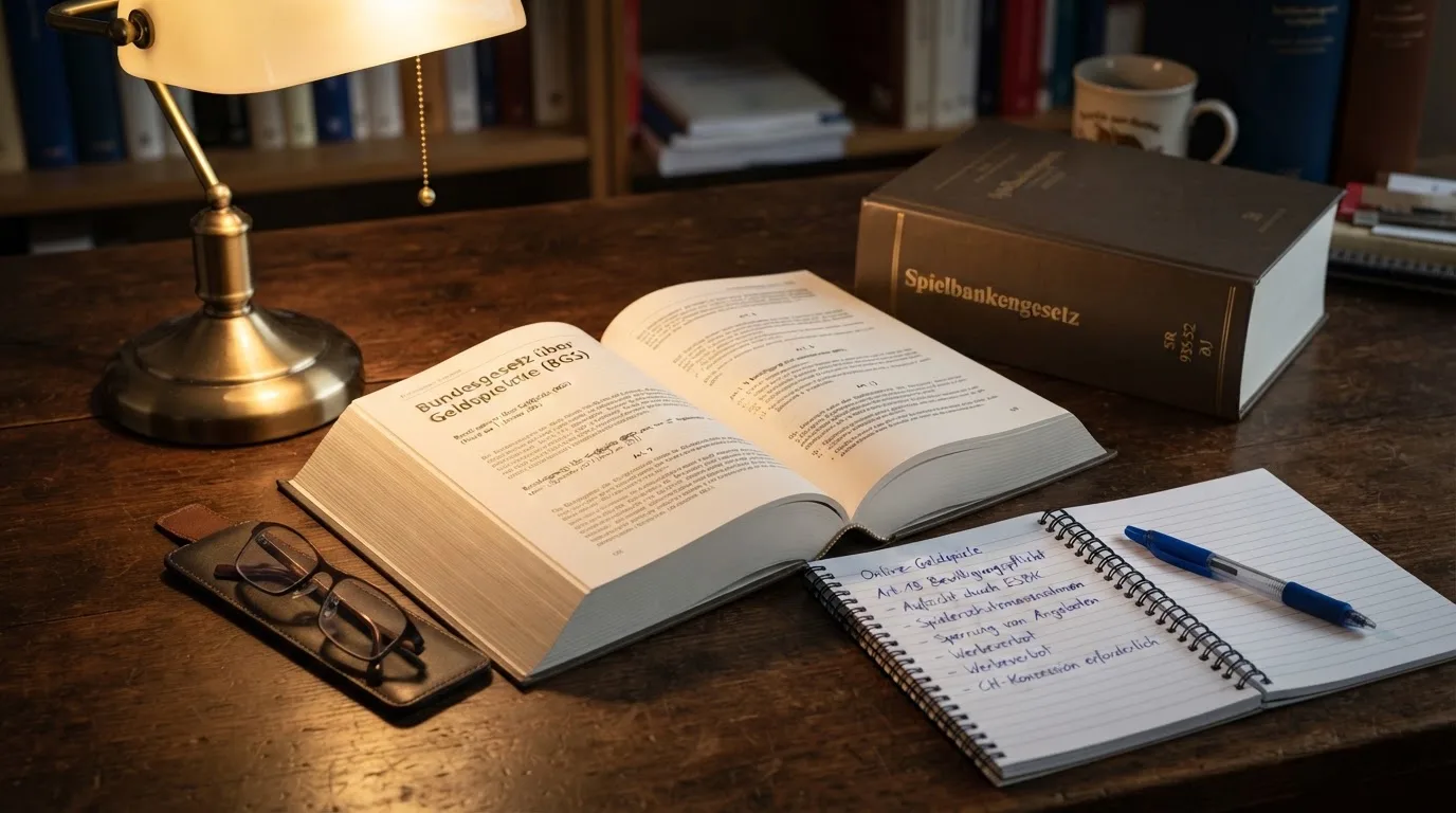 Amtliches Schreiben mit Stempel auf einem Schreibtisch neben einem Gesetzbuch — binance coin casino vergleich