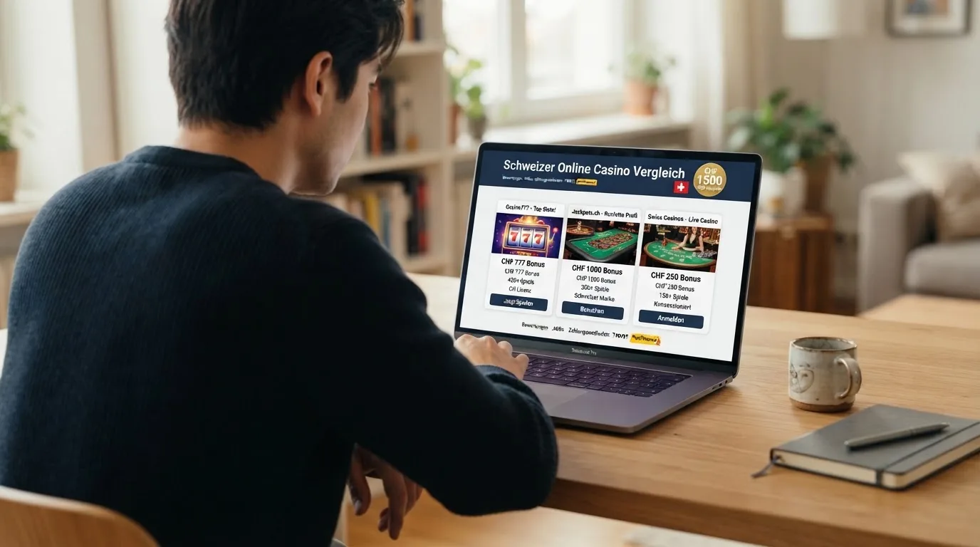 Person am Laptop liest eine Übersichtsseite zu Geldspielen im Internet — bitcoin cash casino vergleich