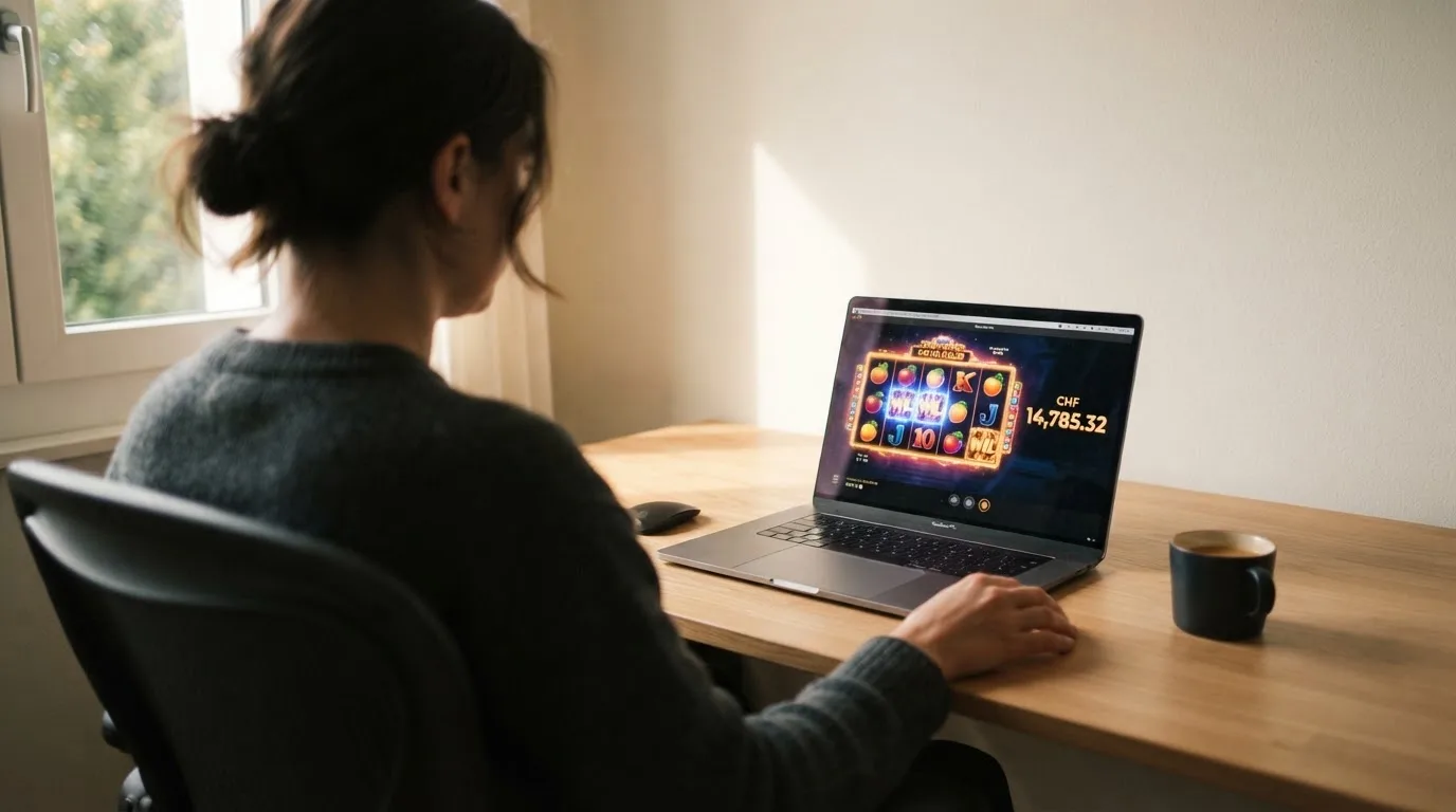 Person am Laptop liest eine Übersichtsseite zu Geldspielen im Internet — casino mit hoher gewinnchance