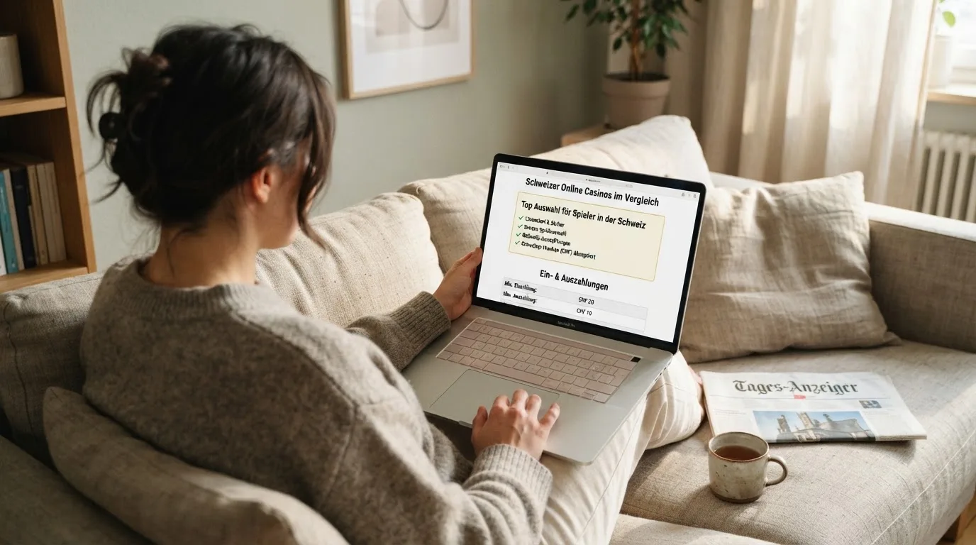 Person am Laptop liest eine Übersichtsseite zu Geldspielen im Internet — casino online mit bonus ohne einzahlung