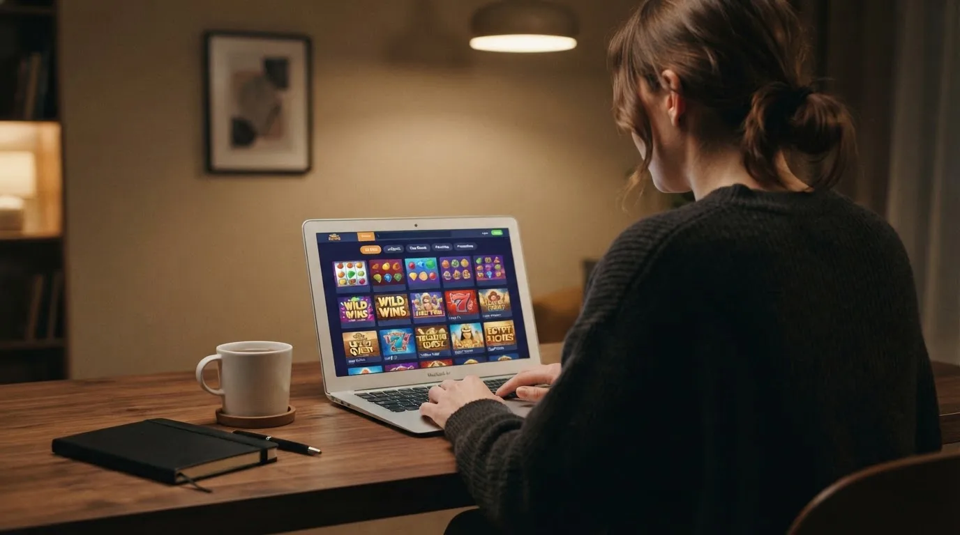 Person am Laptop liest eine Übersichtsseite zu Geldspielen im Internet — casino spiele kostenlos ohne anmeldung