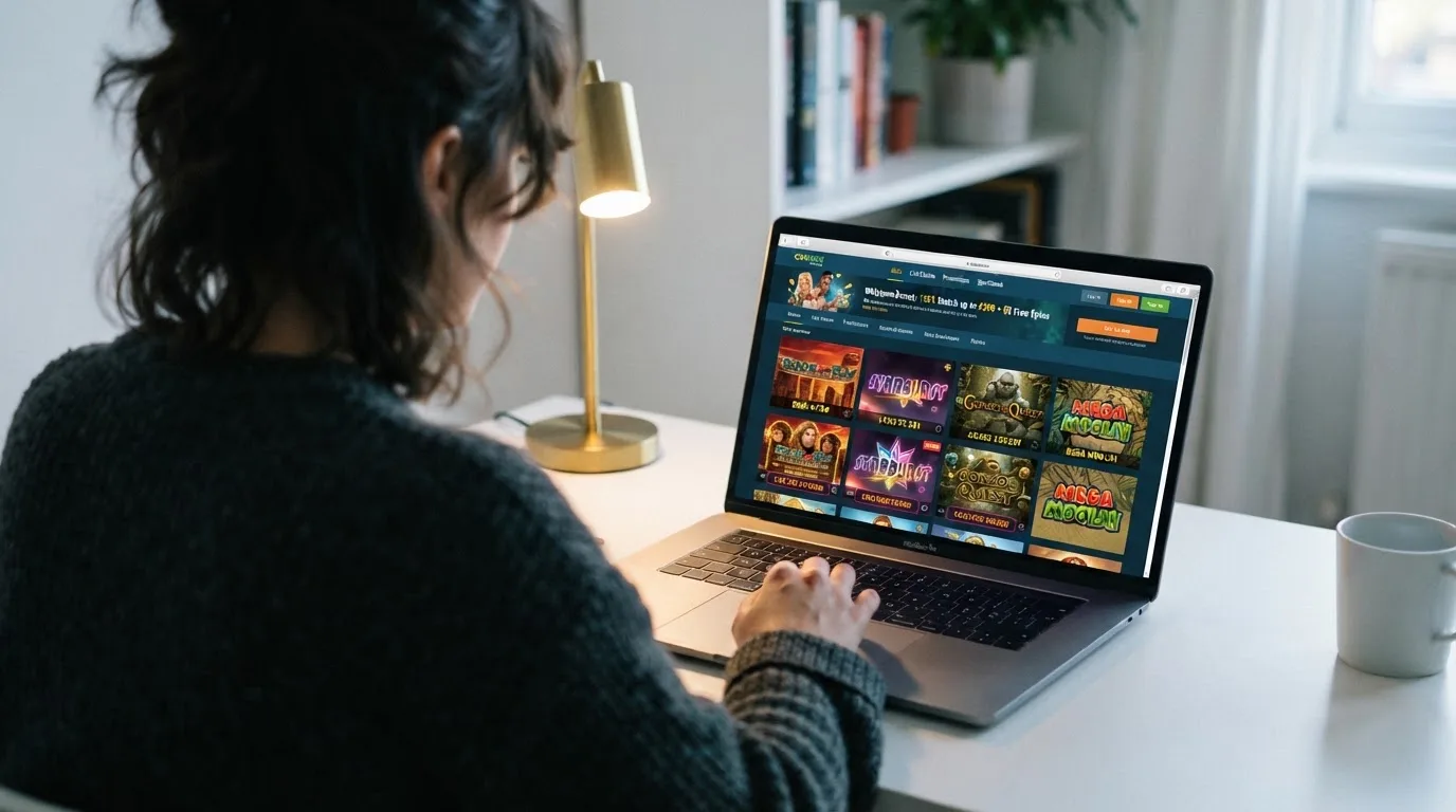 Person am Laptop liest eine Übersichtsseite zu Geldspielen im Internet — handy casino echtgeld bonus ohne einzahlung