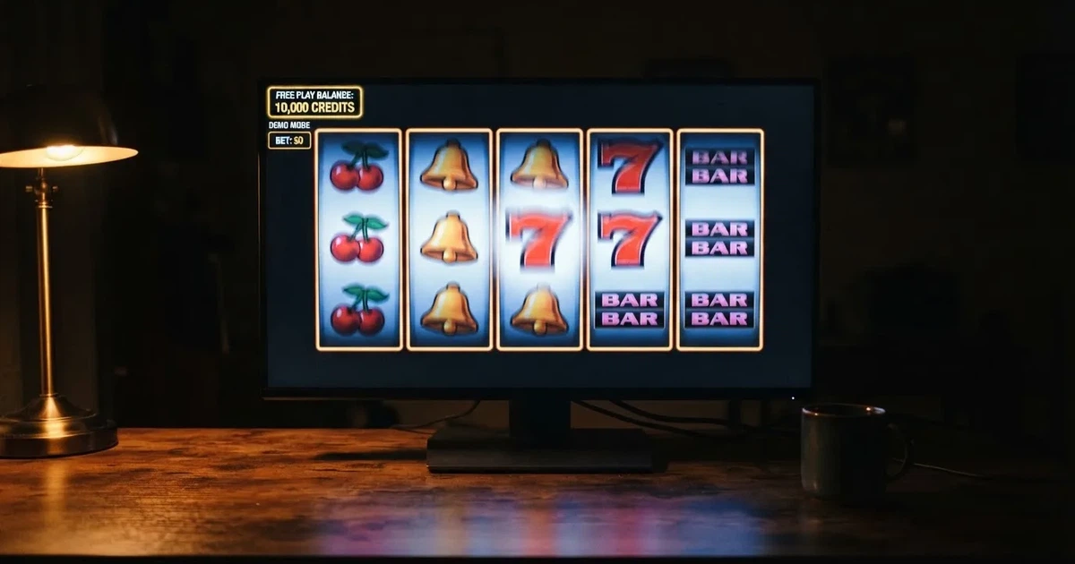 Walzen eines Spielautomaten im Demomodus auf einem Computerbildschirm — online casino bonus ohne einzahlung ohne download
