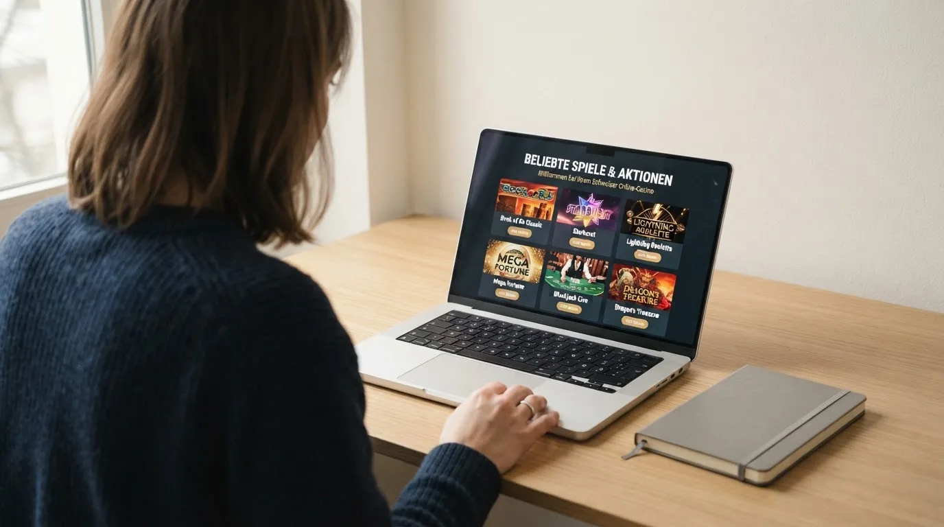 Person am Laptop liest eine Übersichtsseite zu Geldspielen im Internet — online casino bonus ohne einzahlung ohne download