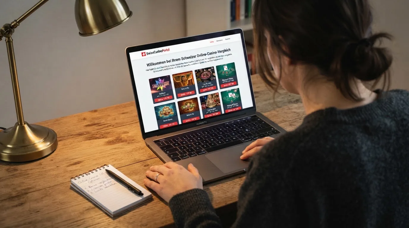 Person am Laptop liest eine Übersichtsseite zu Geldspielen im Internet — online casino bonus ohne einzahlung sofort