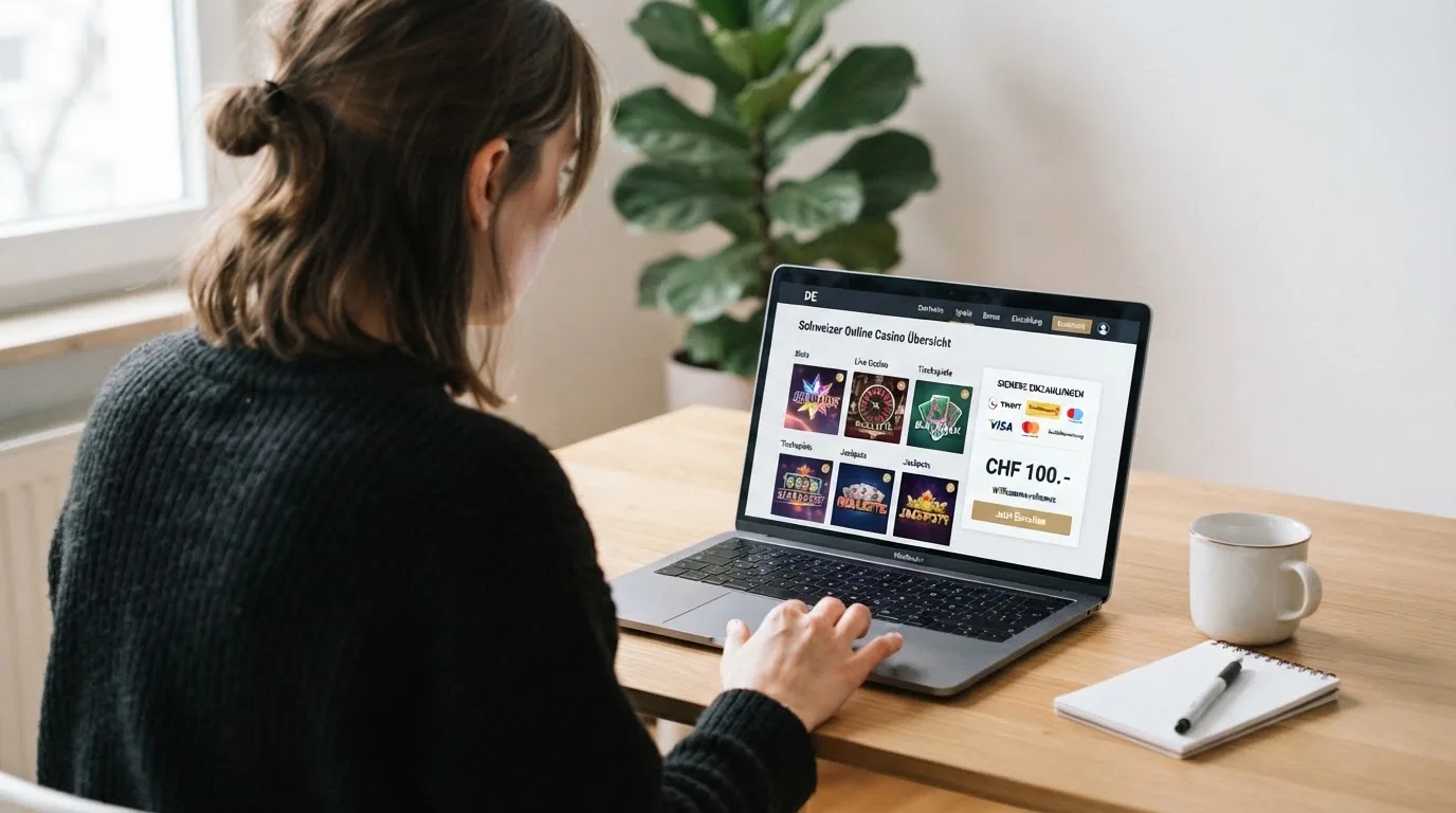 Person am Laptop liest eine Übersichtsseite zu Geldspielen im Internet — online casino bonusbedingungen