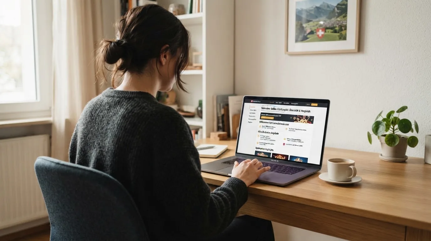 Person am Laptop liest eine Übersichtsseite zu Geldspielen im Internet — online casino einzahlungsbonus