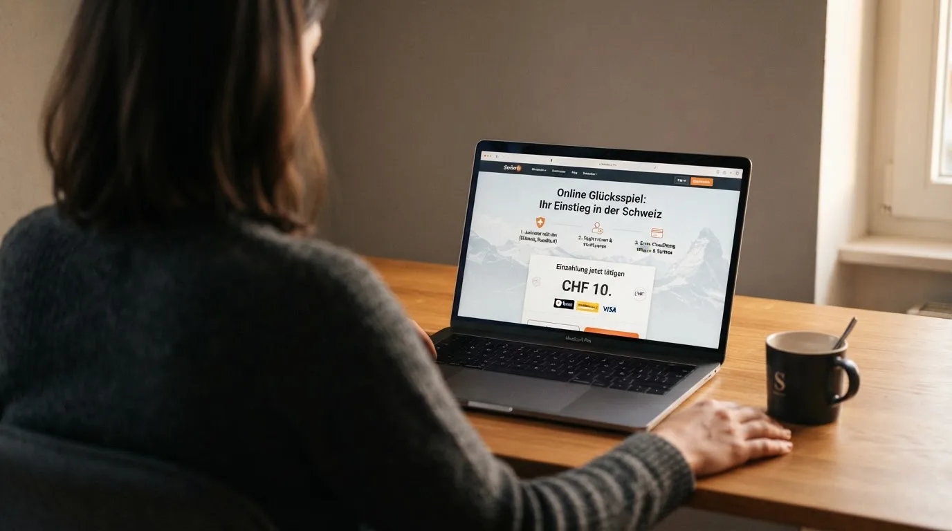 Person am Laptop liest eine Übersichtsseite zu Geldspielen im Internet — online casino gutschein codes