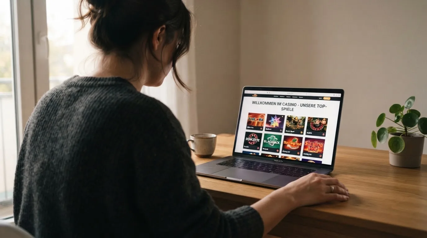 Person am Laptop liest eine Übersichtsseite zu Geldspielen im Internet — online casino mit autoplay