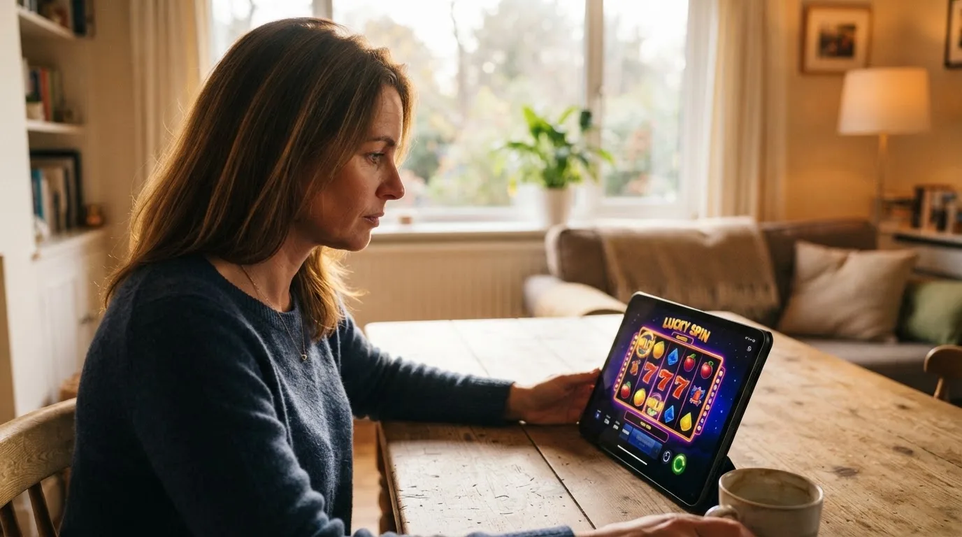 Frau sitzt am Wohnzimmertisch und schaut konzentriert auf ihr Tablet, Nachmittagslicht durchs Fenster.