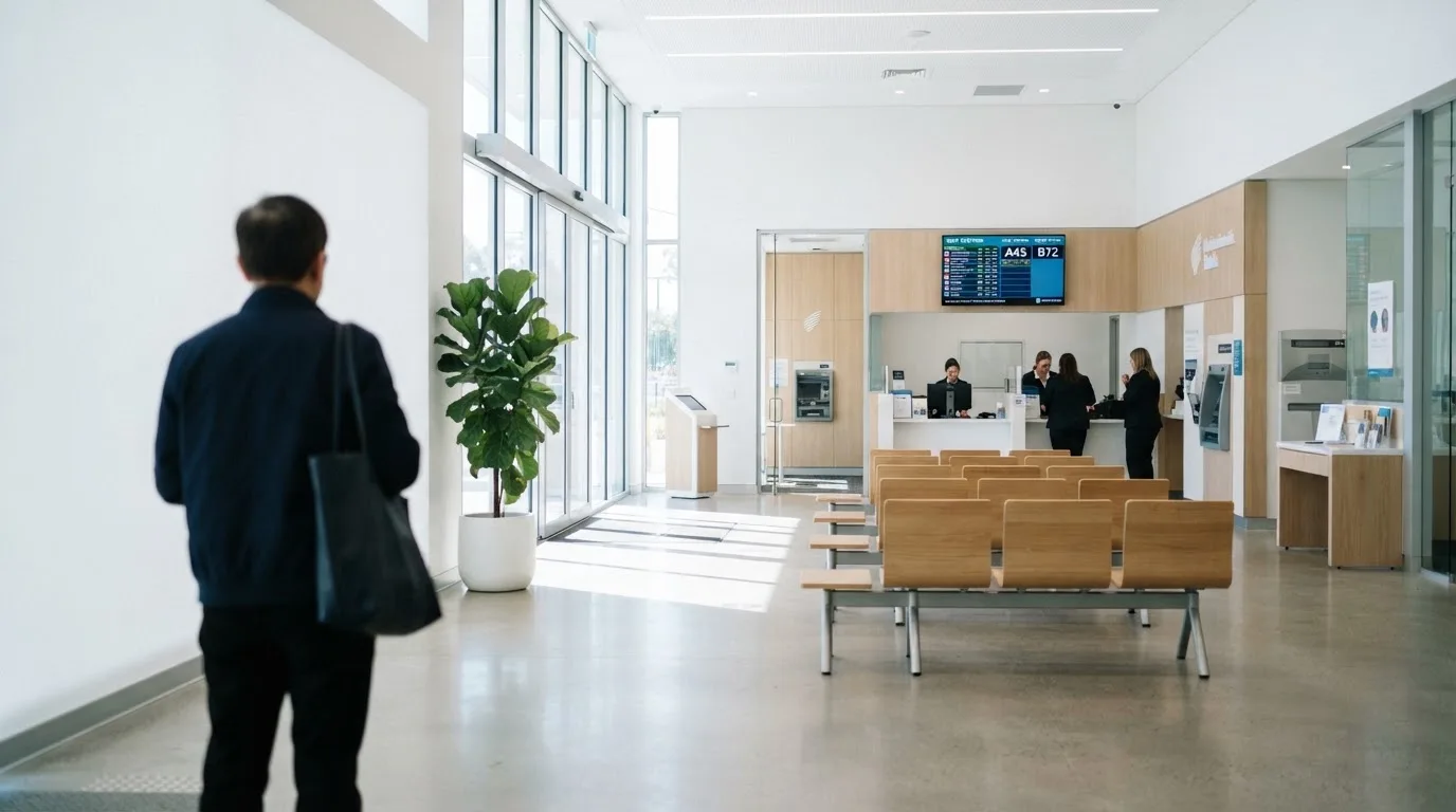 Blick auf eine helle Bankfiliale mit Wartebereich, im Vordergrund unscharf eine Person mit Jacke.
